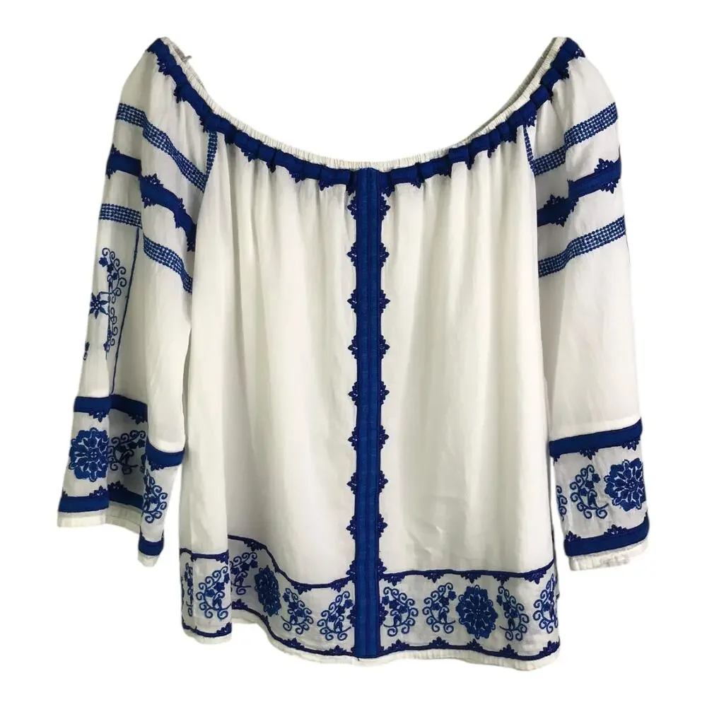 Love Sam Wns Boho Top White One Sz Embroidered Blue Floral‎ Elastic Off Shoulder